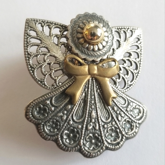 Jewelry - Filigree angel brooch gold tone silver tone guardian pin